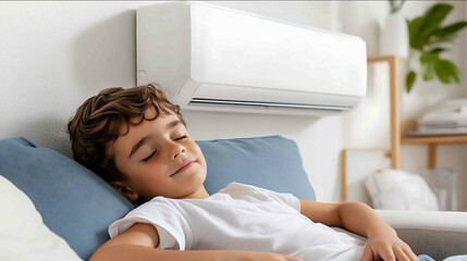 A white air conditioner with cool blue airflow a child sleeping soundly on a sofa soft lighting bluetoned modern minimalist living room