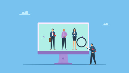Businessman analyzing employee or job candidates. Analyze candidate, employee performance review, evaluation or analysis, choose recruitment applicants, staff or finding right person for job.