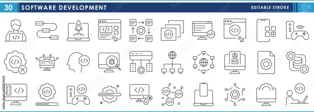 Poster a set of line icons related to software development. program, install, develop, mobile, computer, op