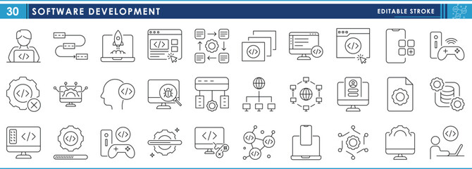 A set of line icons related to Software Development. Program, install, develop, mobile, computer, operating system, coding, and so on. Vector editable stroke.