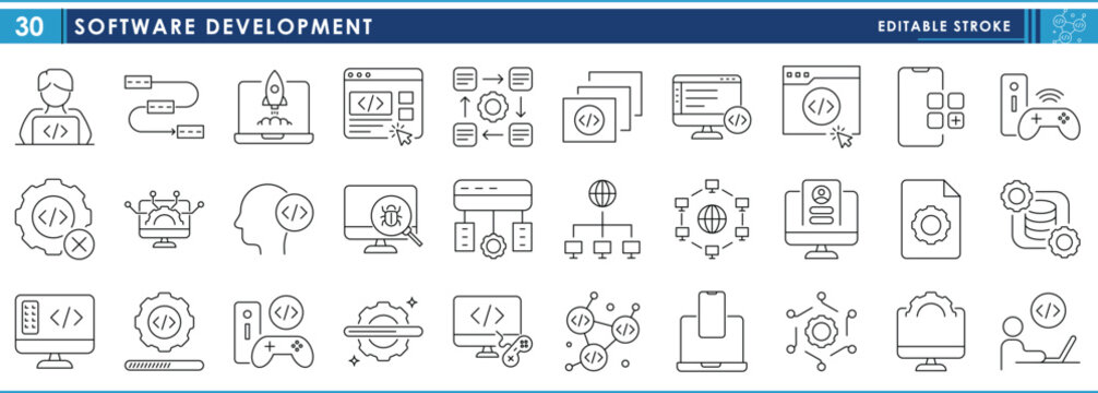 A set of line icons related to Software Development. Program, install, develop, mobile, computer, operating system, coding, and so on. Vector editable stroke.