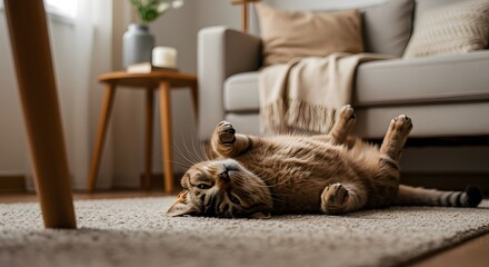 Sleepy brown cat upside down on beige rug, peaceful moment.