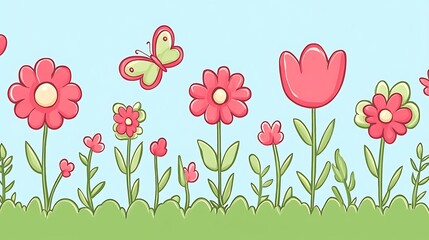 Delightful cartoon field landscape illustration with whimsical flowers and butterfly