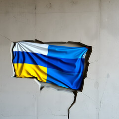 Flag of the Russian Federation and Ukraine on a broken wall.
