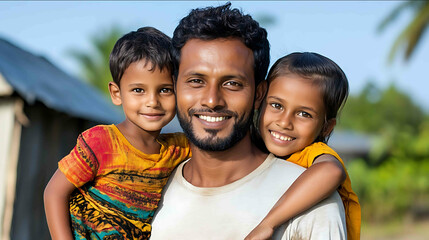 A candid image of a family man with his wife and kids taken