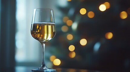 Elegant champagne flute against a festive golden bokeh background, celebration moment