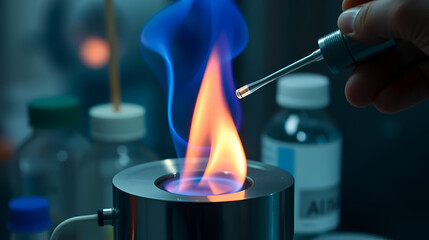 Microbiological inoculation loop being sterilized in flame of alcohol bunsen burner in biological safety cabinet.