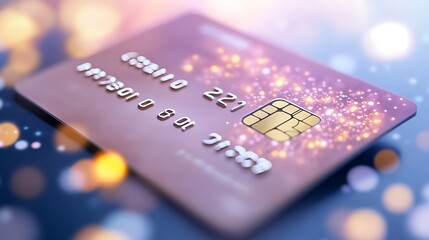 Elegant credit card with chip and unique design featuring bokeh light effects