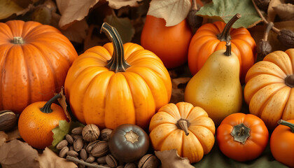 Harvest scene with pumpkins, pears, walnuts, pumpkin seeds, persimmons, and empty space for copying.