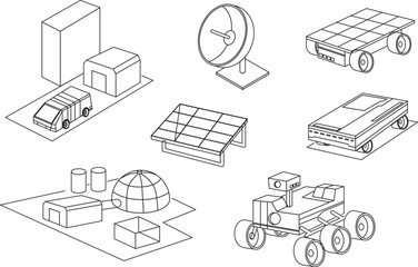 Line art set of robots and equipment for space research and space stations