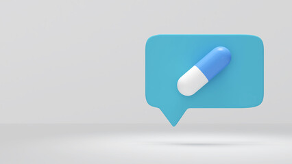 Speech bubbles and capsules on a white background, providing information on the use of drugs to treat symptoms of a disease. ,3D rendering