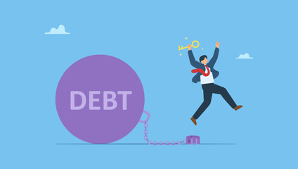 Businessman holding key breaking free from a debt ball and chain. Symbolizes financial freedom, overcoming debt, and achieving success. Pay off debts, loan or mortgage, solve financial problem.