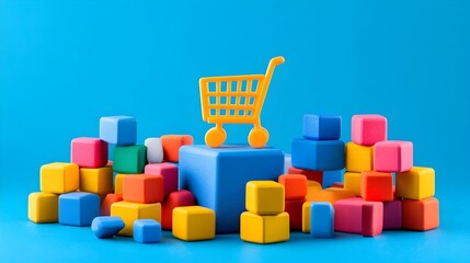 Obraz premium A yellow shopping cart sits atop a blue cube amidst a colorful pile of blocks against a bright blue background, symbolizing online retail and product variety