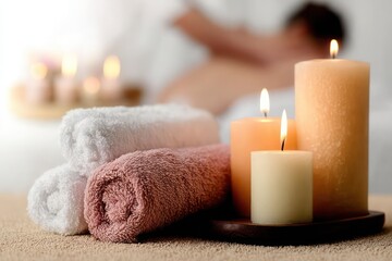 Rolled Towels and Lit Candles in Spa Setting