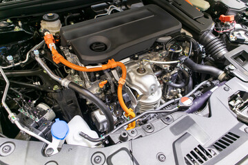 focused on the automotive industry within the contemporary new automobile engine room, machine displays all components and has an open hood. the new car's engine compartment.