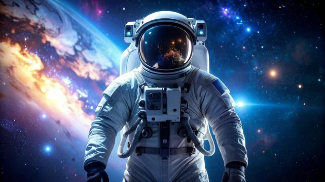 Lone astronaut in spacesuit against colorful nebula and planet background, concept art, deep space exploration, science fiction theme. - Powered by Adobe