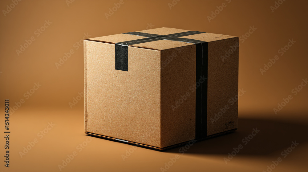 Poster a cardboard box sealed with black tape on a brown background in a studio setting with soft lighting