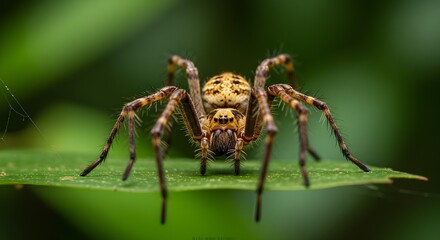 Fototapeta premium A Hairy Wolf Spider Stares Intently from a Green Leaf