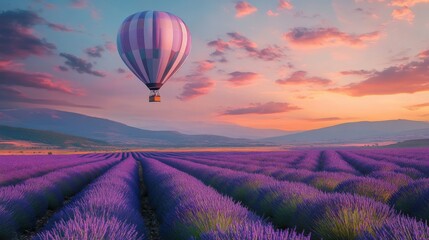 Fototapeta premium Colorful hot air balloon over a vast lavender field at sunrise.