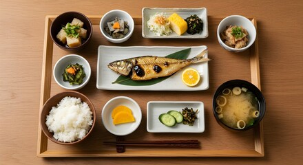 A Traditional Japanese Breakfast with Grilled Fish and Assorted Sides