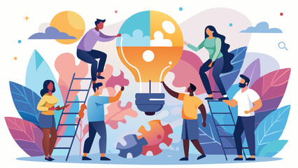 Teamwork assembling a lightbulb with puzzle pieces art