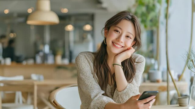 カフェでスマホを使う若い女性