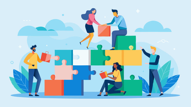 People building puzzle together in a collaborative way