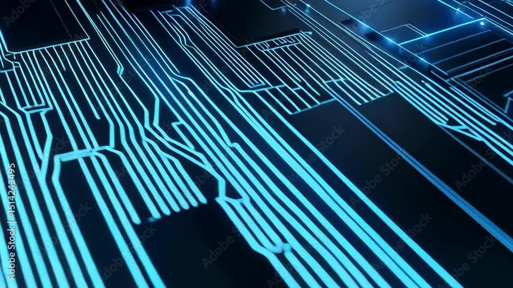 Poster abstract circuit board with glowing blue pathways and processor chips for tech integration concept