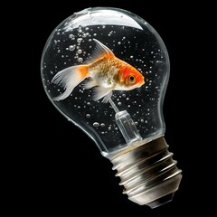 Crystal glass lightbulb containing a swimming goldfish inside, illuminated on a dramatic black background — surreal concept blending creativity, imagination, and energy symbolism in a single scene

