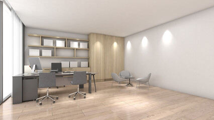 Manager's room with white board and sunlight shining through the window,3d rendering
