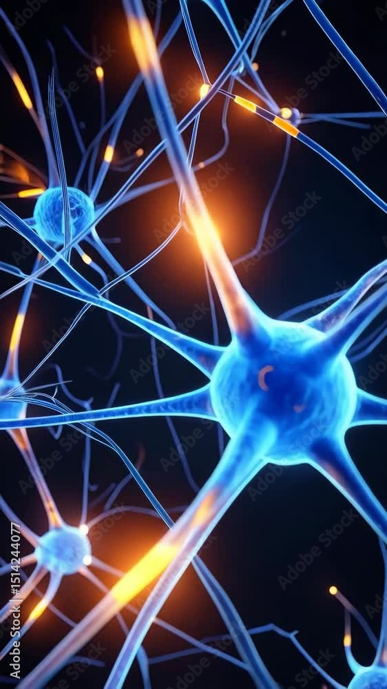 Poster neural network visualization featuring glowing synapses in blue and orange against a black backgroun