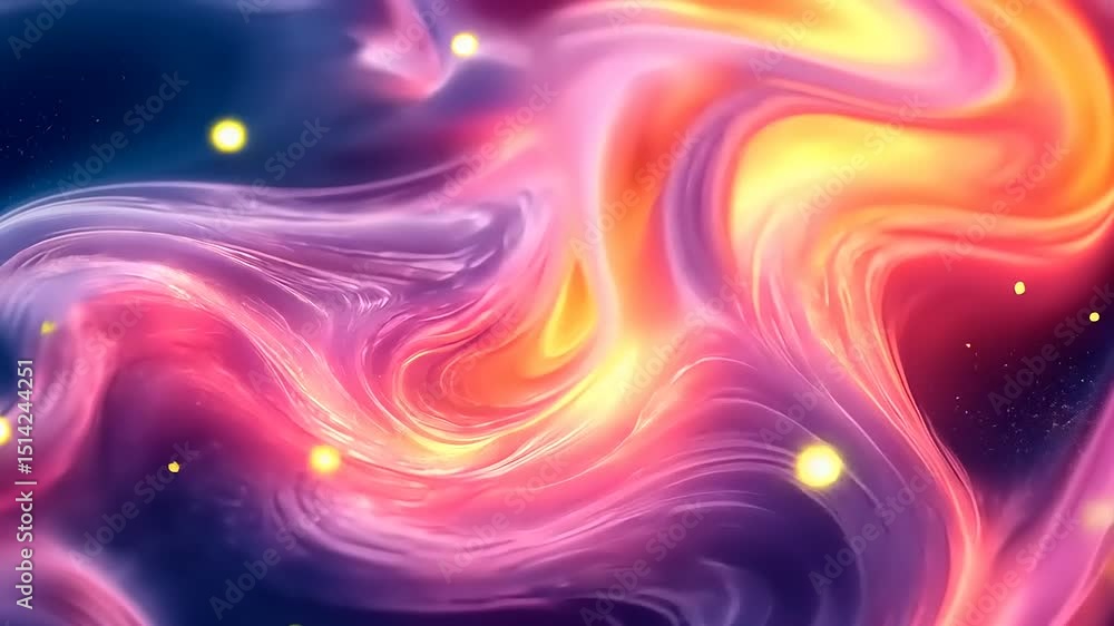 Poster abstract liquid motion background with vibrant colors and glowing particles in seamless loops