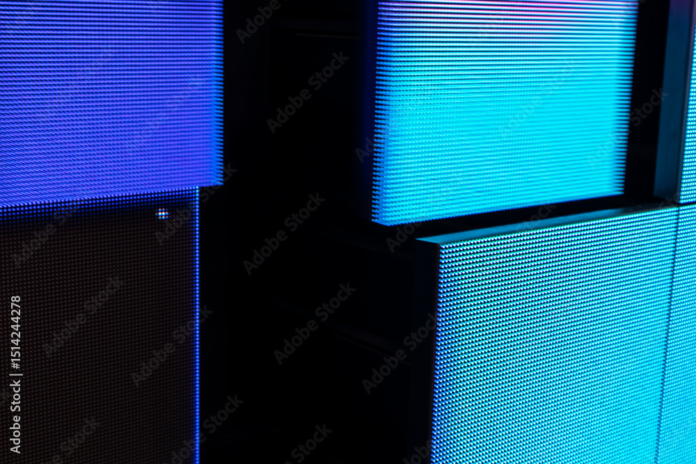 Poster the display screen displays blue and black light in a square shape.