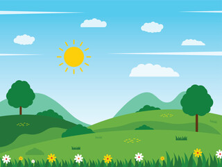 Beautiful green hills and trees vector illustration of a landscape, green meadows, fields, trees and mountains, sunset, clouds, cartoon background illustration, 