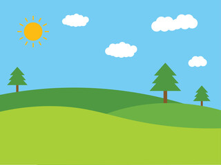 green hills landscape, landscape with hill tree and sun on blue sky, panorama view, clouds, vector illustration 
