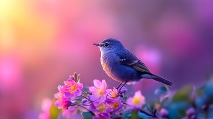 A small, bluish-gray bird perches serenely amidst vibrant pink blossoms bathed in soft, sunset hues