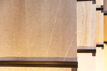 Wall tile materials in tile shops are arranged in various patterns.
