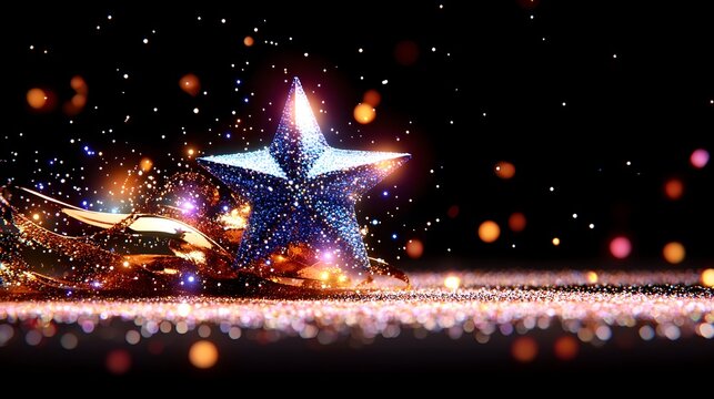 A glittering blue star rests on a bed of gold and sparkling dust against a dark background, illuminated with bokeh