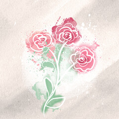 Elegant watercolor delicate roses on a textured beige background, hand-drawn illustration. Sticker, postcard, sketch, watercolor flower, roses