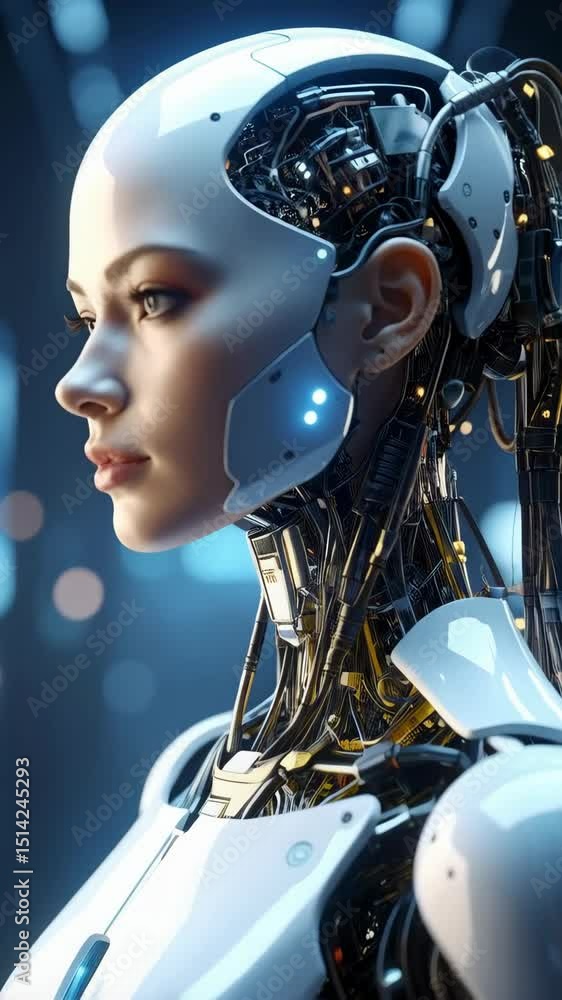 Poster close up of a female humanoid robot with visible wiring and futuristic design elements in a soft, bl