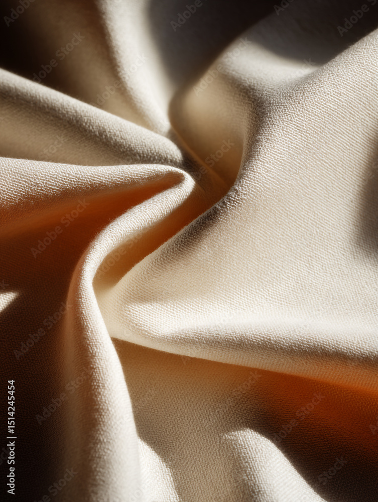Poster a close up shot showing the texture and folds of a soft beige fabric illuminated by sunlight creatin