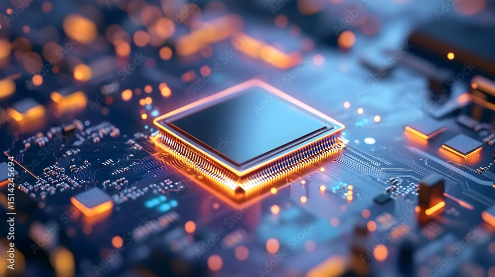 Aufkleber close-up of a glowing central processing unit on a circuit board, illuminated with warm and cool lig