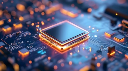 Close-up of a glowing central processing unit on a circuit board, illuminated with warm and cool light accents