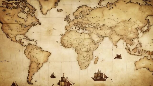 Vintage world map illustration with old sailing ships, showing continents and oceans, fantasy design, nautical history and exploration theme