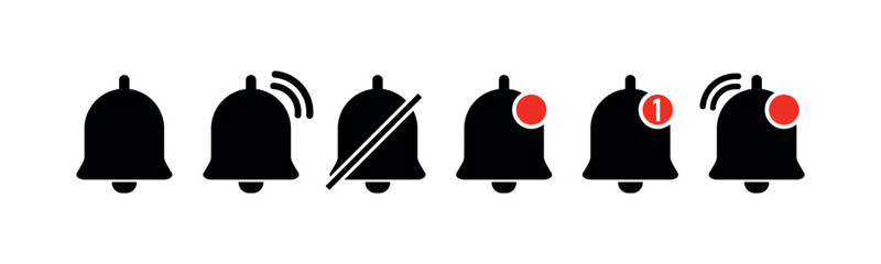 Notification Bell Icon Set. Alert Symbol, UI Badge, Unread Indicator, App Alert, Reminder, Alarm, Message Notification Vector