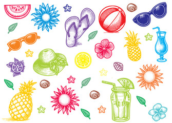 set of colorful summer icons,  seamless pattern of summer vibe.