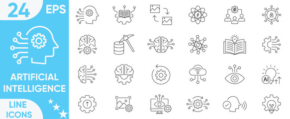 Artificial intelligence icon set.data science, decision, learning, algorithm, neural, AI, virtual assistant, generative AI, technology, Turing test and more.Vector and illustrator set.