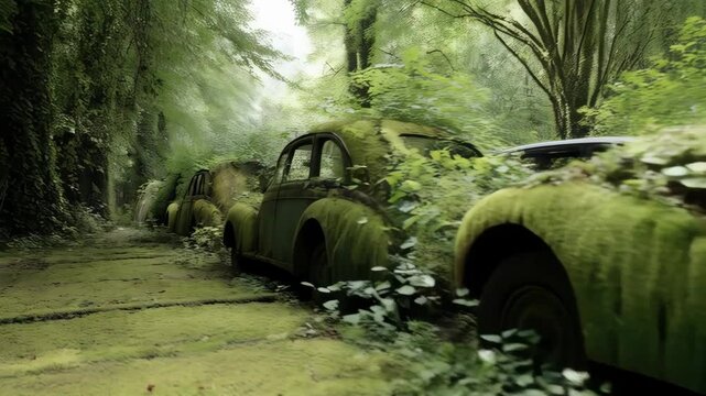 Abandoned vintage cars covered in moss in a lush green forest landscape decay and growth coexist in a serene setting.