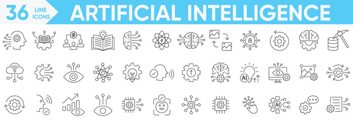 Artificial intelligence icon set.data science, decision, learning, algorithm, neural, AI, virtual assistant, generative AI, technology, Turing test and more.Vector and illustrator set.