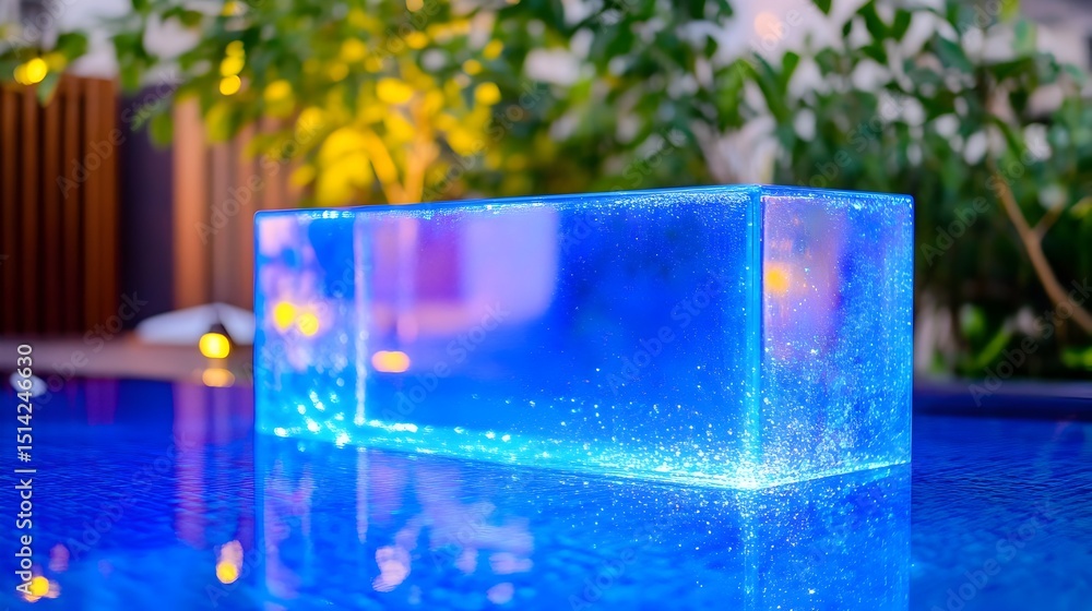 Poster illuminated rectangular acrylic block rests on a blue, reflective surface, illuminated from within, 